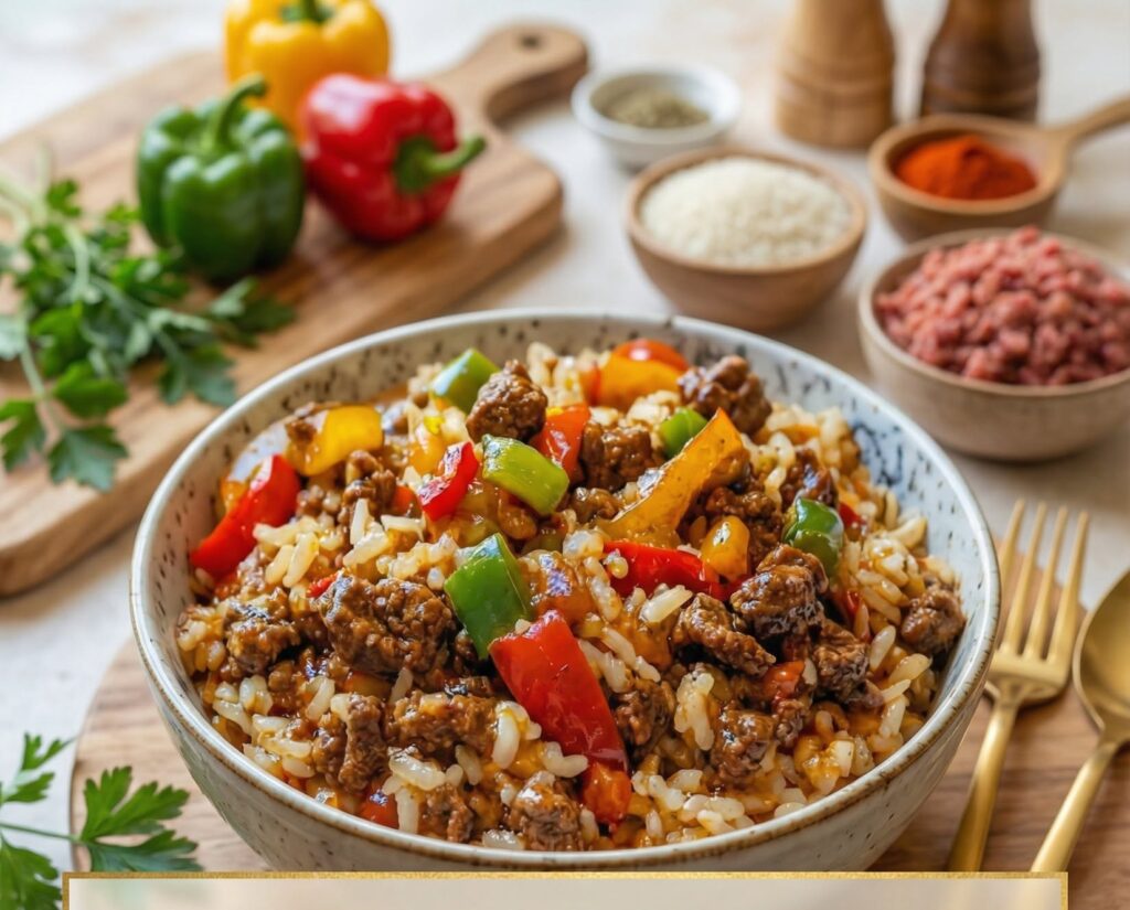 Herzhafte Reis-Hack-Paprika-Pfanne mit Tomatensoße