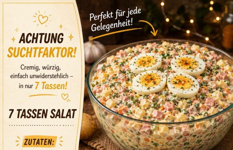 7-Cups-Salat mit Kartoffeln, Schinken, Erbsen, Karotten, Gurken, Mais und Ei