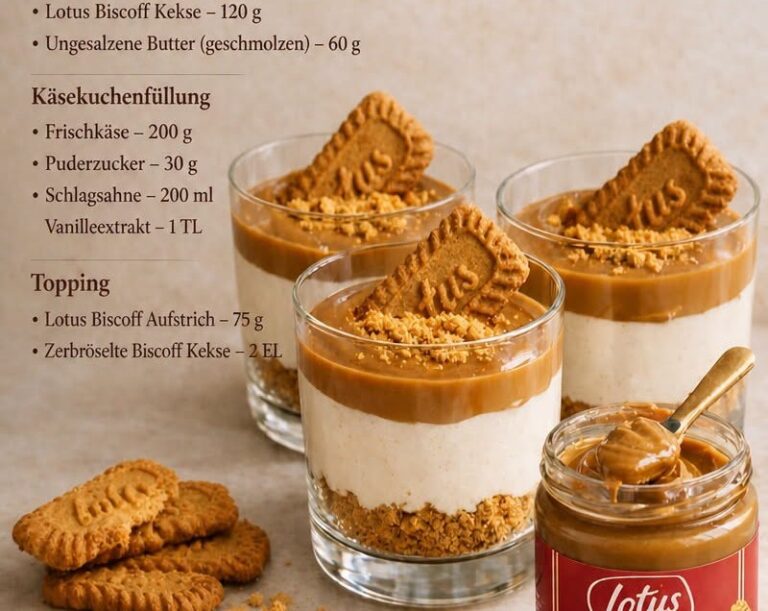 Lotus Biscoff Cheesecake im Glas mit Keksboden und cremiger Füllung