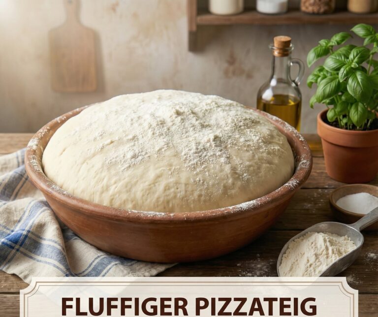 Fluffiger selbst gemachter Pizzateig auf einer bemehlten Arbeitsfläche
