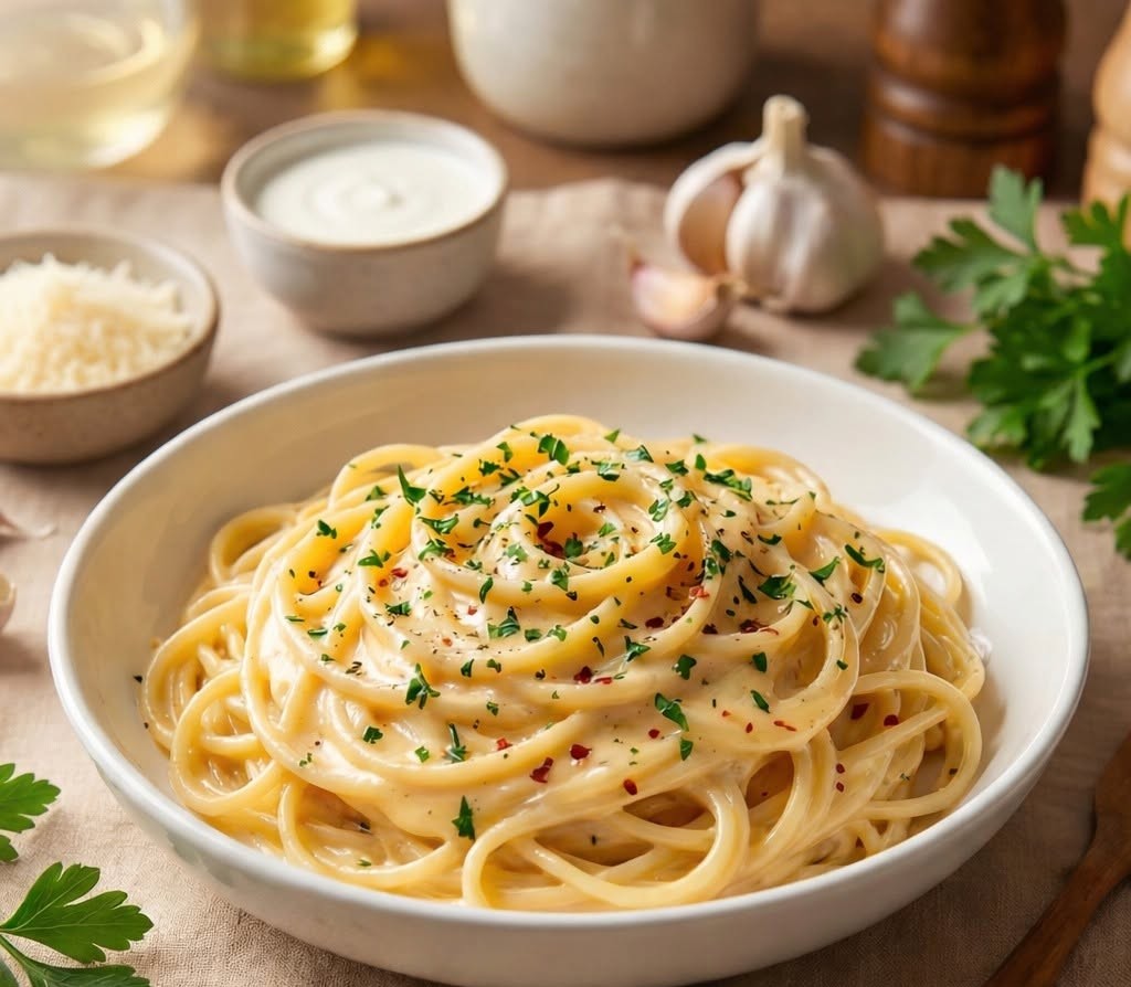 Cremige Spaghetti mit Parmesan, Frischkäse und frischer Petersilie