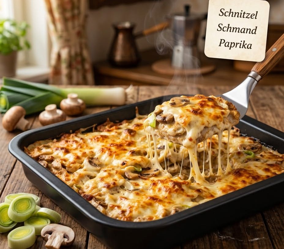 Schnitzelpfanne mit zartem Schweineschnitzel, Schmandsoße und Zwiebeln