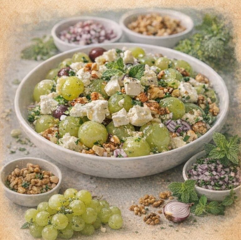 Trauben-Salat mit Feta, Walnüssen, roter Zwiebel und frischer Minze