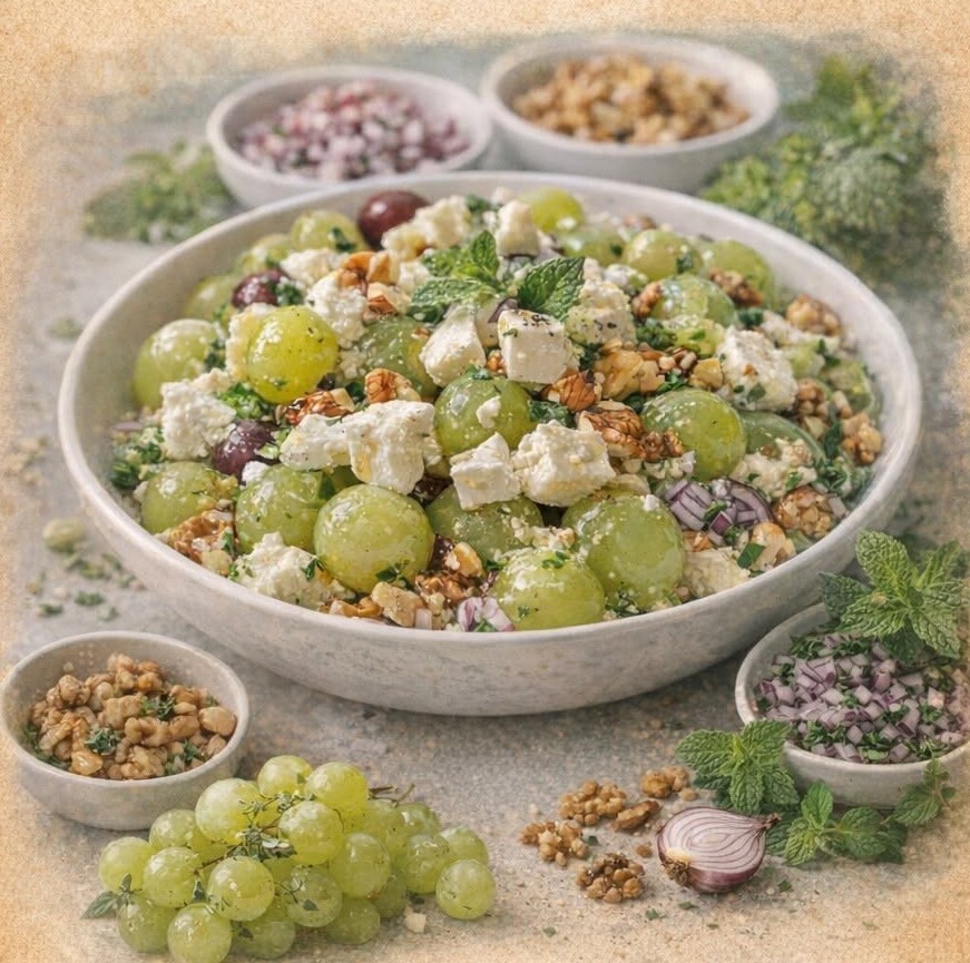 Trauben-Salat mit Feta, Walnüssen, roter Zwiebel und frischer Minze