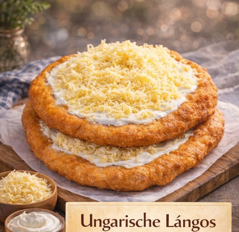 Goldbrauner ungarischer Lángos mit Knoblauchöl, Crème fraîche und Gouda