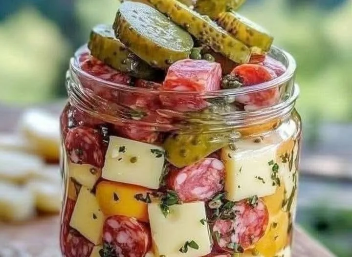 Marinierter Käse mit Salami und Gurke